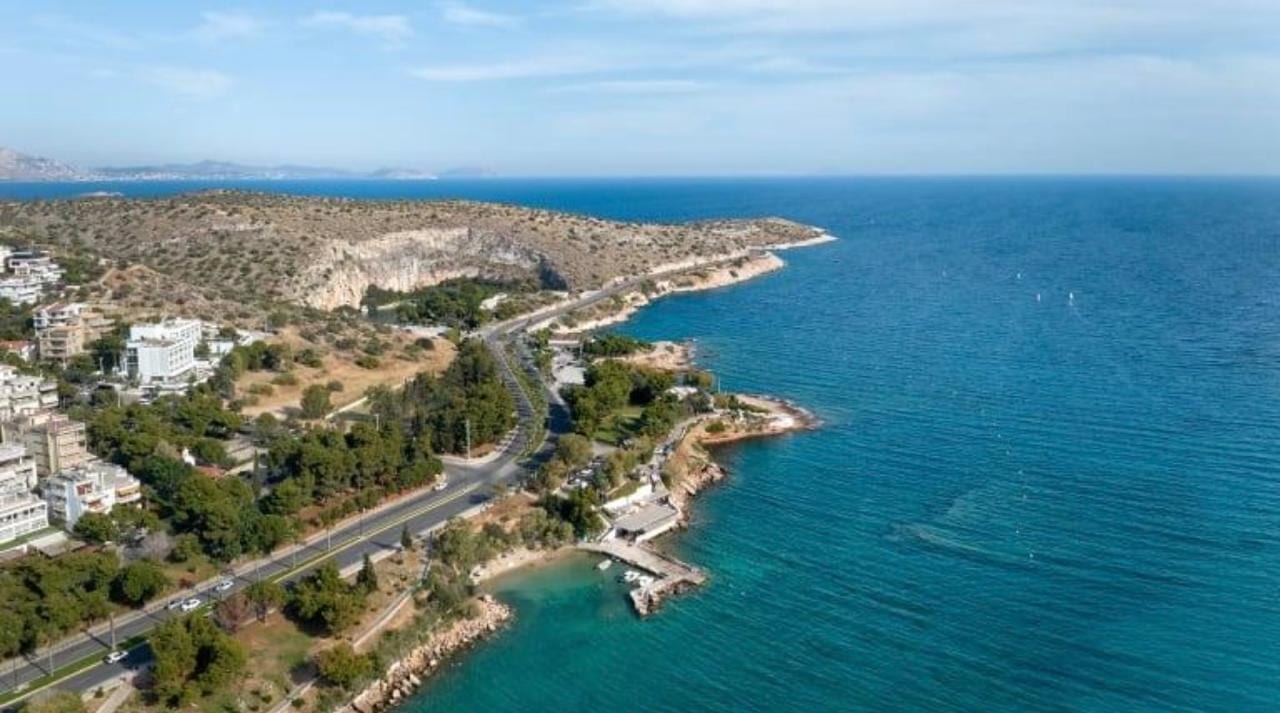 Aerial view of the Athens Riviera coast road tracing the Saronic Gulf